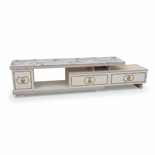 Glossy TV Stand | Premium TV Unit with Marble Top & Gold Accents – UAE