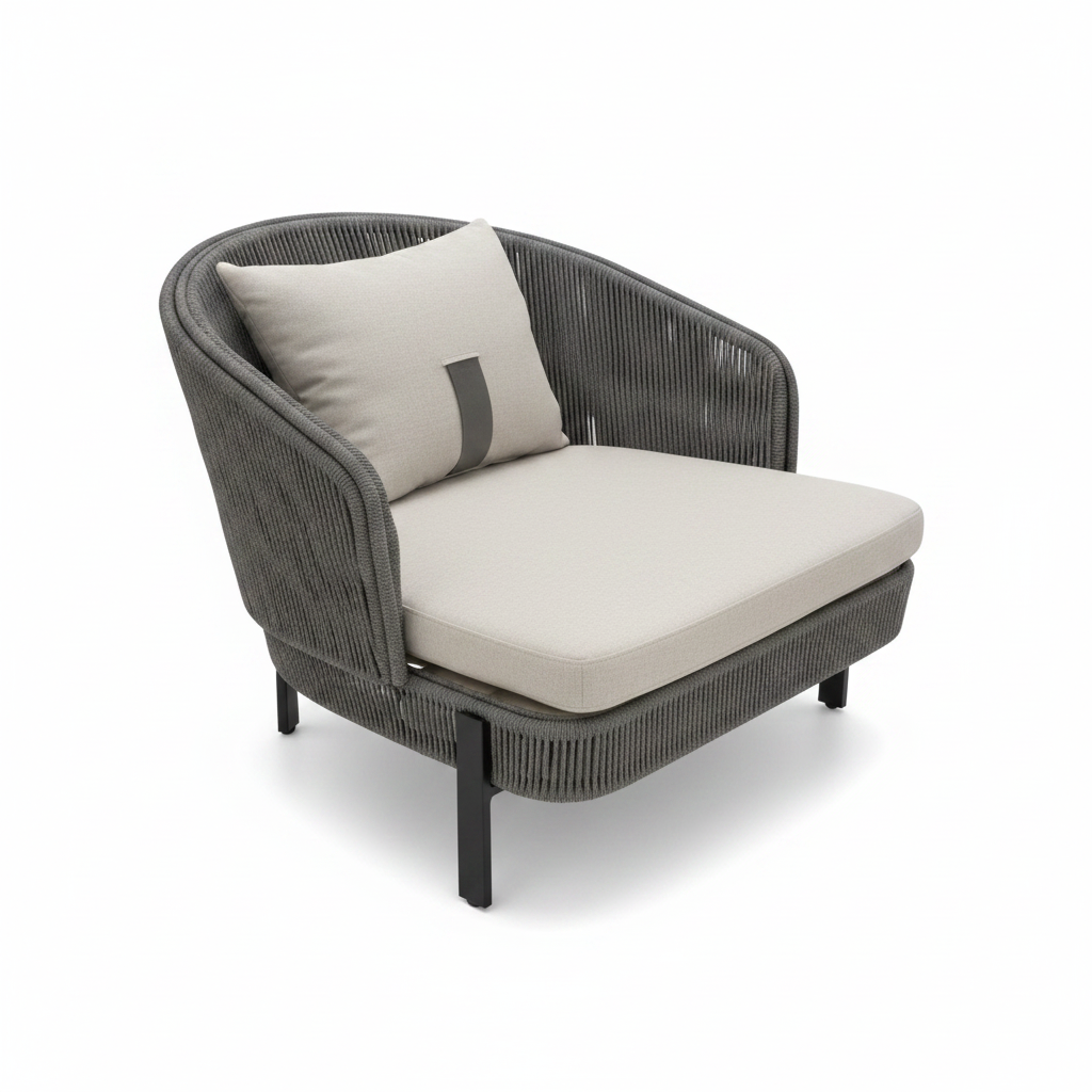 Contemporary Grey Woven Rope Accent Chair with Beige Cushion and Metal Legs – Premium Lounge Chair UAE | Infini Homes