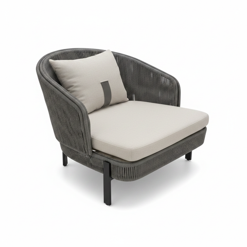 Contemporary Grey Woven Rope Accent Chair with Beige Cushion and Metal Legs – Premium Lounge Chair UAE | Infini Homes