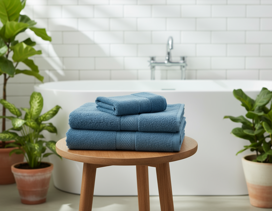 Premium cotton hand towel set on natural wooden bathroom table UAE | INFINI HOMES luxury bath linen Dubai