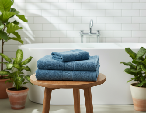 Premium cotton hand towel set on natural wooden bathroom table UAE | INFINI HOMES luxury bath linen Dubai