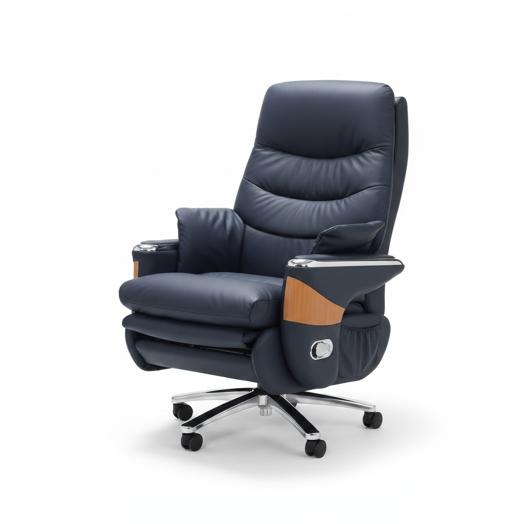 PU Electric Recliner Boss Chair Navy Blue Chrome Base with Tan Accent – Office Chair UAE | INFINI HOMES
