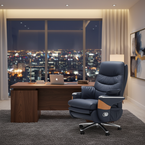 PU Electric Recliner Boss Chair Navy Blue in High-Rise Executive Office with City View – Dubai UAE | INFINI HOMES