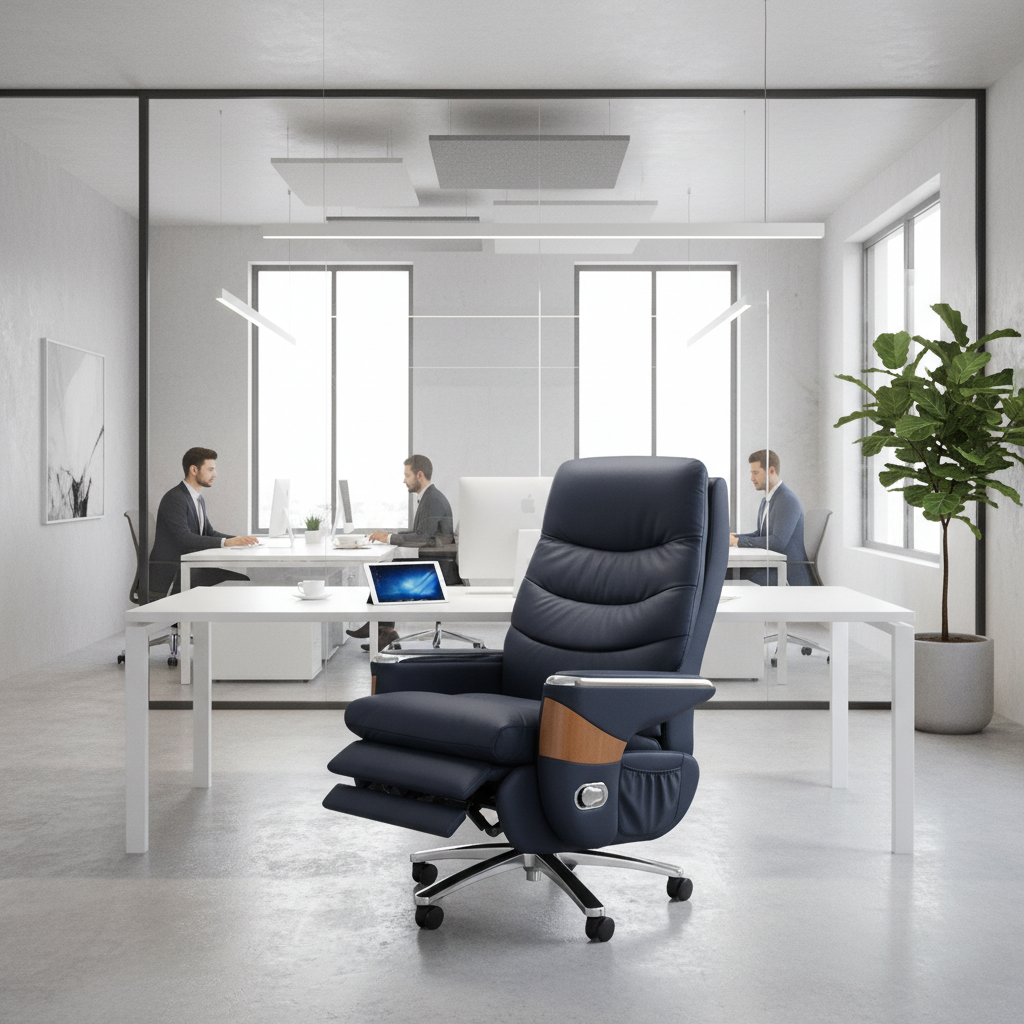 PU Electric Recliner Boss Chair Navy Blue in Modern Corporate Office UAE – Boss Chair with Chrome Base | INFINI HOMES