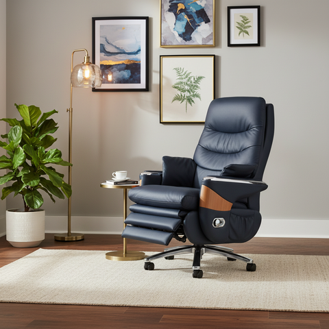 PU Electric Recliner Boss Chair Navy Blue Fully Reclined in Home Office – Electric Recliner Chair UAE | INFINI HOMES
