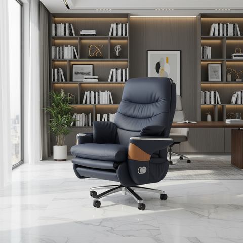 PU Electric Recliner Boss Chair Navy Blue Chrome Base in Luxury Private Office – Buy in UAE | INFINI HOMES
