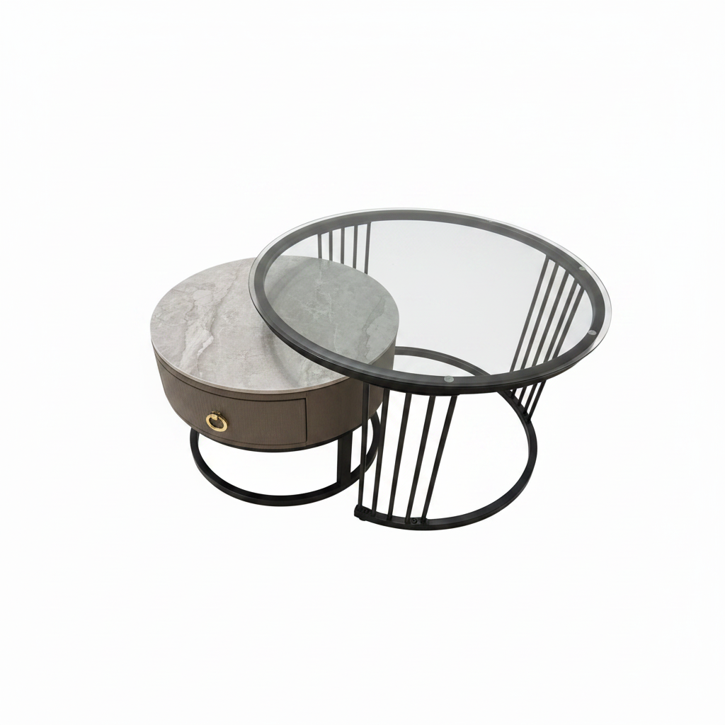 2-Piece Luxury Nesting Coffee Table Set Black Glass & Taupe Marble – Dubai UAE