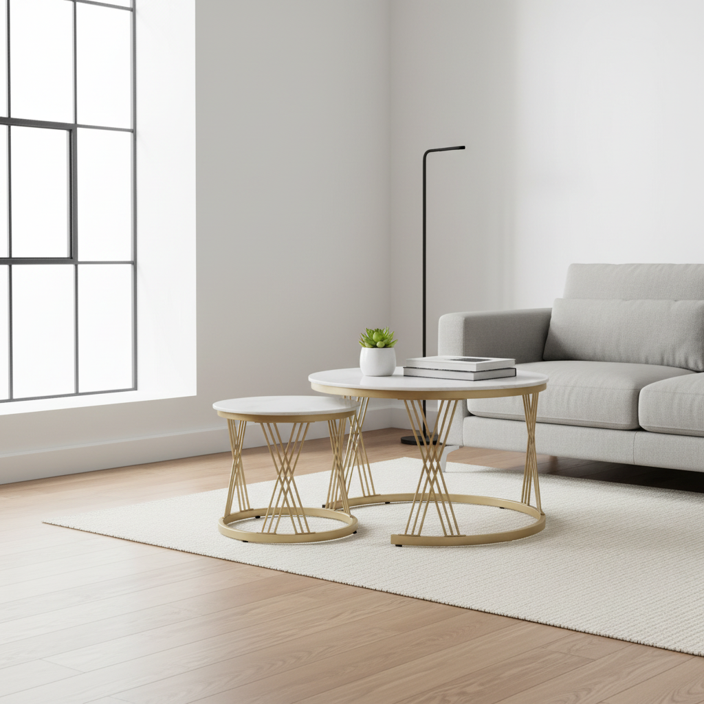 Sintered Stone Coffee Table Set (1+1) | IH 062 | White Top & Golden Base | 70x70 / 50x50 cm
