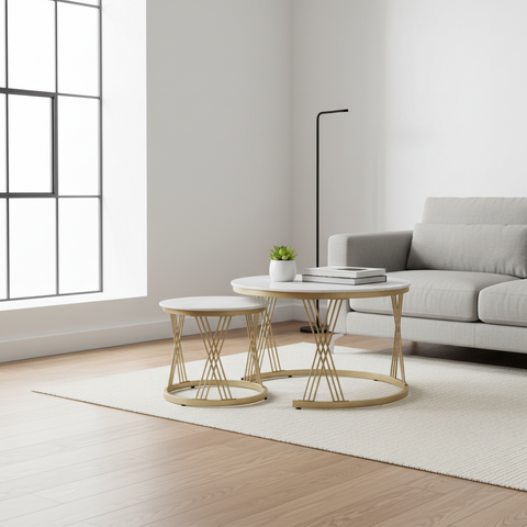 Sintered Stone Coffee Table Set (1+1) | IH 062 | White Top & Golden Base | 70x70 / 50x50 cm