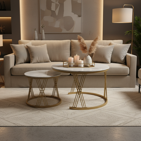 Sintered Stone Coffee Table Set (1+1) | IH 062 | White Top & Golden Base | 70x70 / 50x50 cm