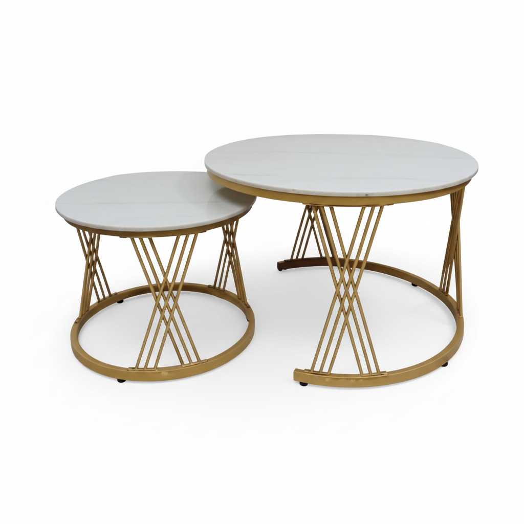 Sintered Stone Coffee Table Set (1+1) | IH 062 | White Top & Golden Base | 70x70 / 50x50 cm