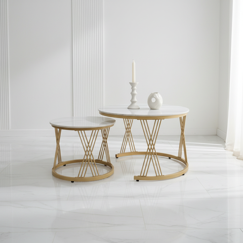 Sintered Stone Coffee Table Set (1+1) | IH 062 | White Top & Golden Base | 70x70 / 50x50 cm