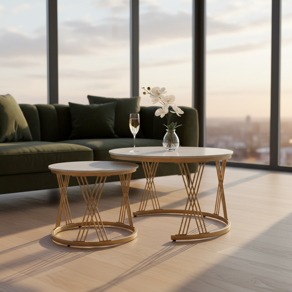 Sintered Stone Coffee Table Set (1+1) | IH 062 | White Top & Golden Base | 70x70 / 50x50 cm