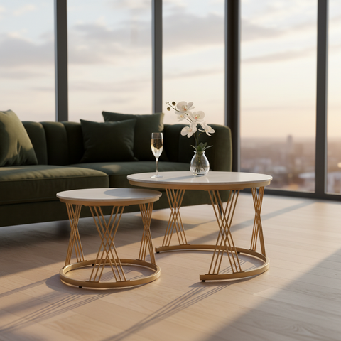 Sintered Stone Coffee Table Set (1+1) | IH 062 | White Top & Golden Base | 70x70 / 50x50 cm