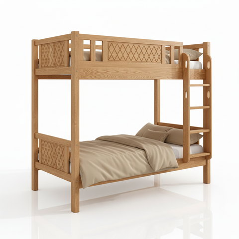 Wooden Bunk Bed for Kids & Teens UAE | Heavy Duty Bunk Bed Frame with Ladder & Safety Guardrail 0.9M Oak