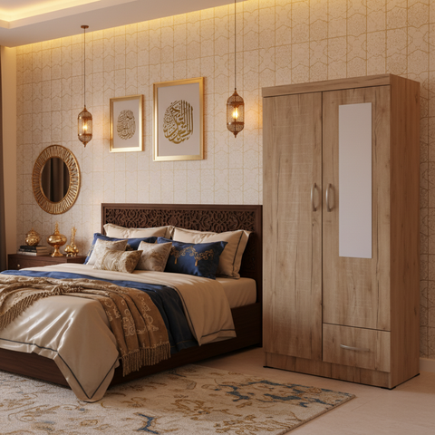 Oak Wardrobe with Mirror in Arabic Style Bedroom - Wardrobe Shop Dubai UAE All Emirates Delivery