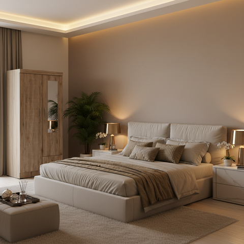 Oak Wardrobe with Mirror in Luxury Modern Bedroom - Premium Furniture Dubai Abu Dhabi UAE