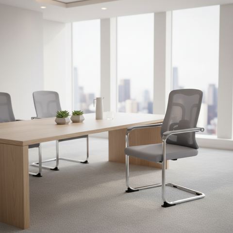 Ergonomic Mesh Visitor Grey Chair with Chrome Arms - Office Guest Chair UAE | IH D-215