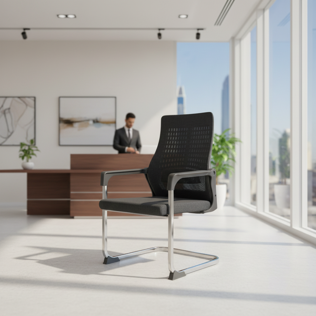 Mesh Back Visitor Chair with Chrome Base | Office Guest Seating UAE | IH 2019 BLK