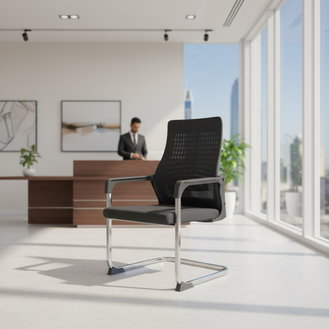 Mesh Back Visitor Chair with Chrome Base | Office Guest Seating UAE | IH 2019 BLK