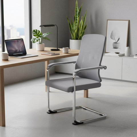 Ergonomic Mesh Visitor Grey Chair with Chrome Arms - Office Guest Chair UAE | IH D-215