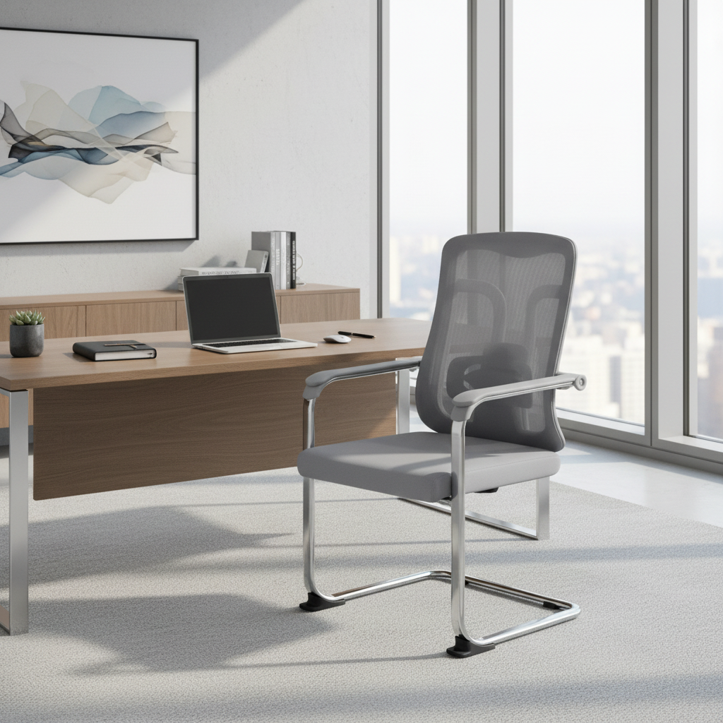 Ergonomic Mesh Visitor Grey Chair with Chrome Arms - Office Guest Chair UAE | IH D-215
