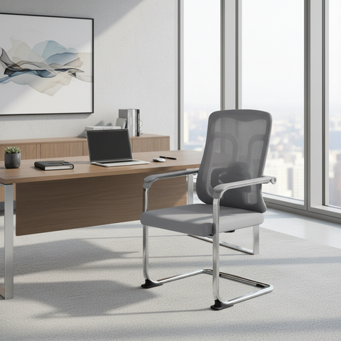 Ergonomic Mesh Visitor Grey Chair with Chrome Arms - Office Guest Chair UAE | IH D-215