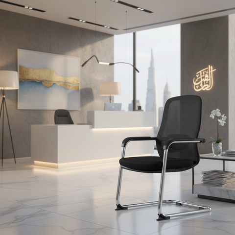 Ergonomic Mesh Visitor Chair Black - Office Guest Chair UAE with Chrome Arms & Base | IH 202