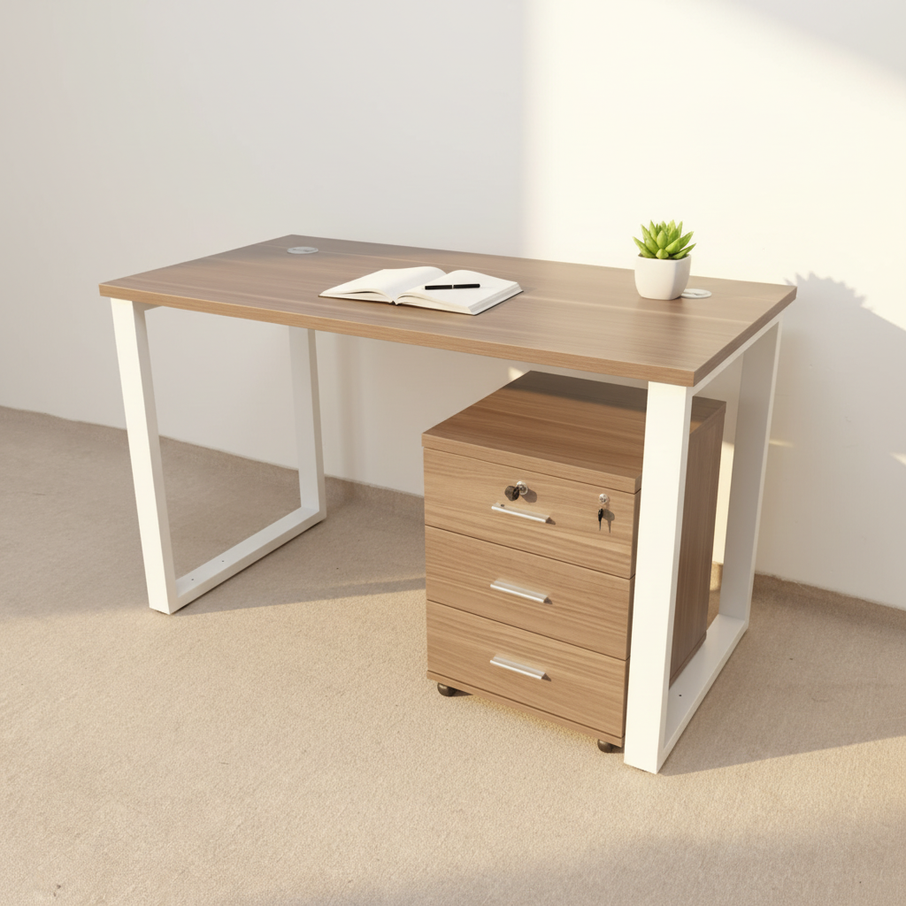 Wooden Steel Office Desk 1.2M Light Oak Finish with 3-Drawer Pedestal – Office Desk for Sale UAE