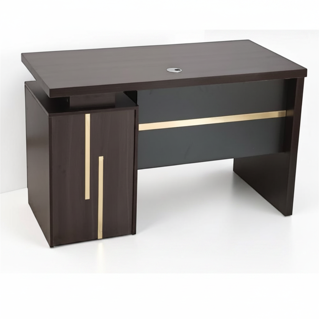 Wenge Office Desk with Gold Accent Strip and Side Storage Cabinet – Modern Office Table 120cm 140cm UAE | IH-T722-WEN