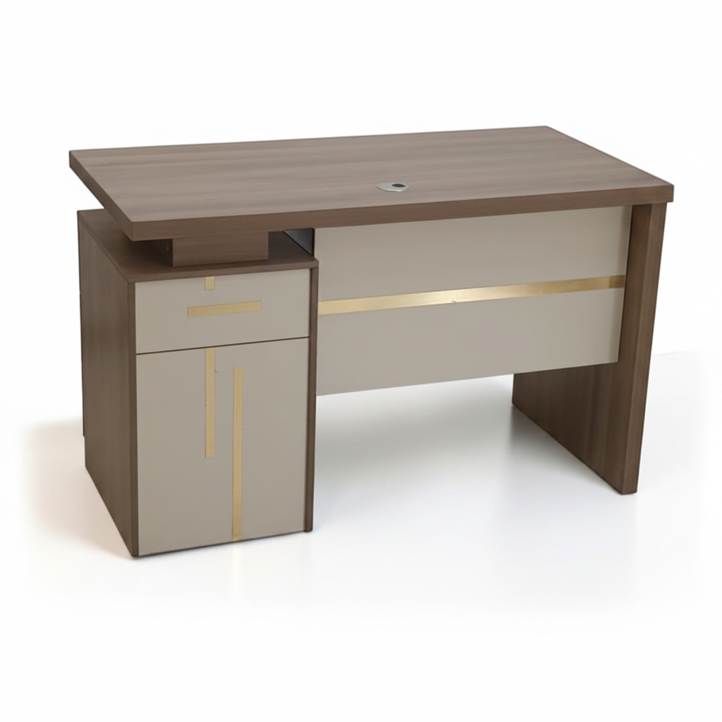 Walnut office desk with beige cabinet drawer unit and gold trim on white background – IH-T722-WAL modern work desk 120cm 140cm UAE