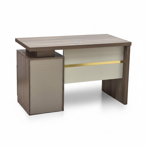 Walnut office desk with beige panel and gold trim on white background – IH-L952-WAL modern office table UAE