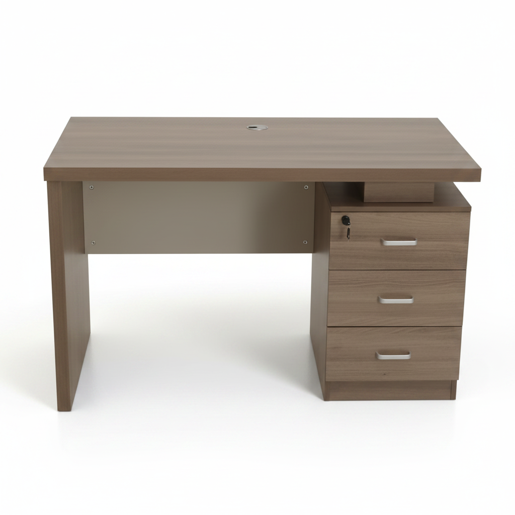 Walnut finish office desk with 3-drawer lockable pedestal on white background – IH-T722-WAL modern office table 120cm 140cm UAE