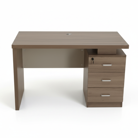 Walnut finish office desk with 3-drawer lockable pedestal on white background – IH-T722-WAL modern office table 120cm 140cm UAE