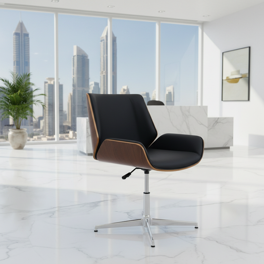 Premium Visitor Chair Walnut & Black PU Leather - UAE Stock | INFINI HOMES