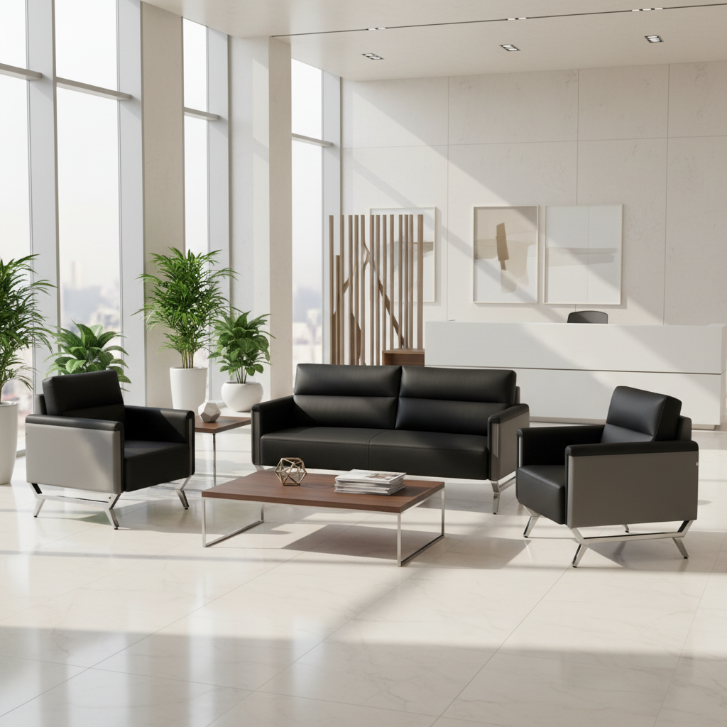 Capri 3 Seater Sofa Set Black Grey PU Leather | Modern Living Room Furniture UAE