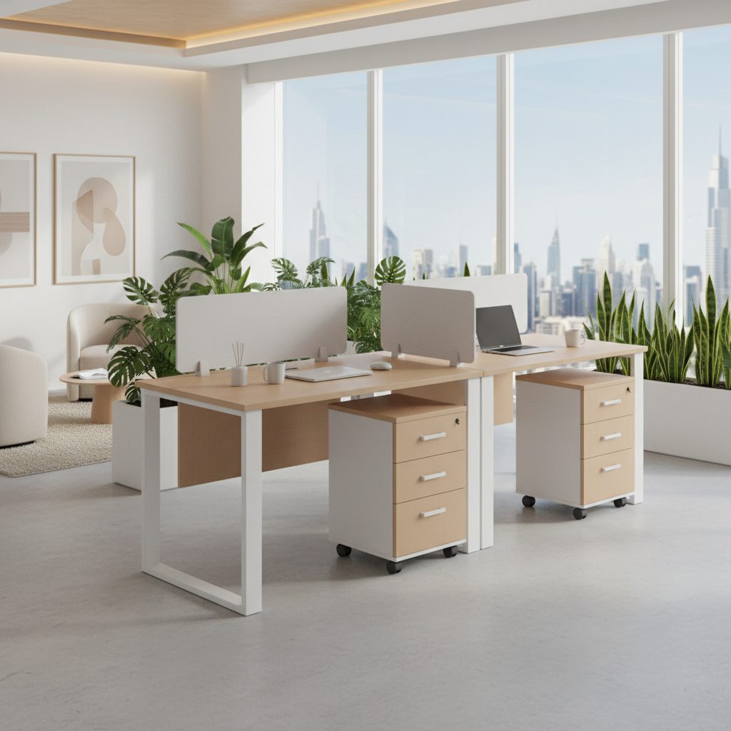 2 Person Office Workstation Desk with Drawers UAE | Oak & White 240cm | Dubai Office Furniture