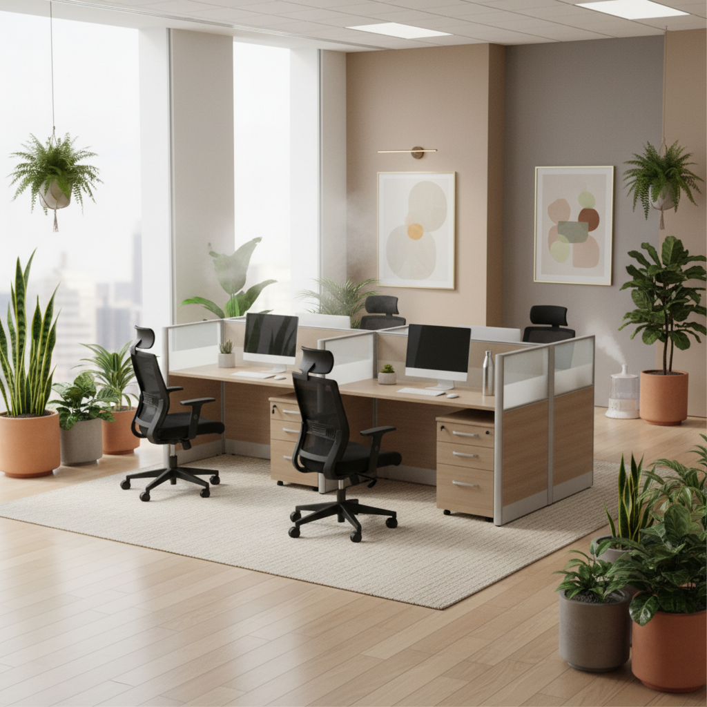 4-Person Work Station Beech & White | Office Desk UAE | Free Delivery Dubai, Abu Dhabi, Sharjah
