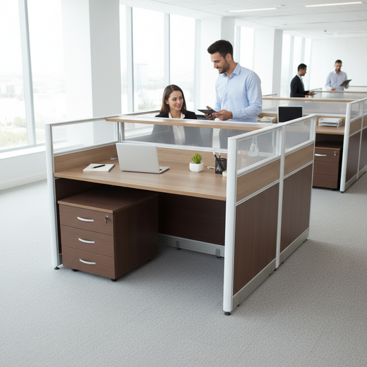 2-Person Work Station Oak & Khaki | Premium Office Desk UAE | 100x120x75x110 cm White Aluminum Frame | IH 312-1