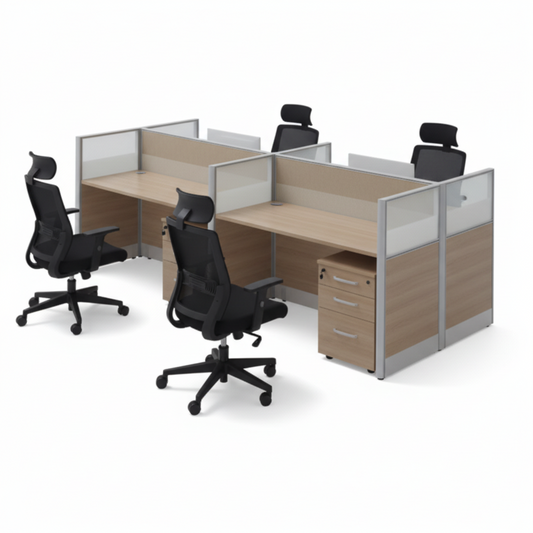4-Person Work Station Beech & White | Office Desk UAE | Free Delivery Dubai, Abu Dhabi, Sharjah