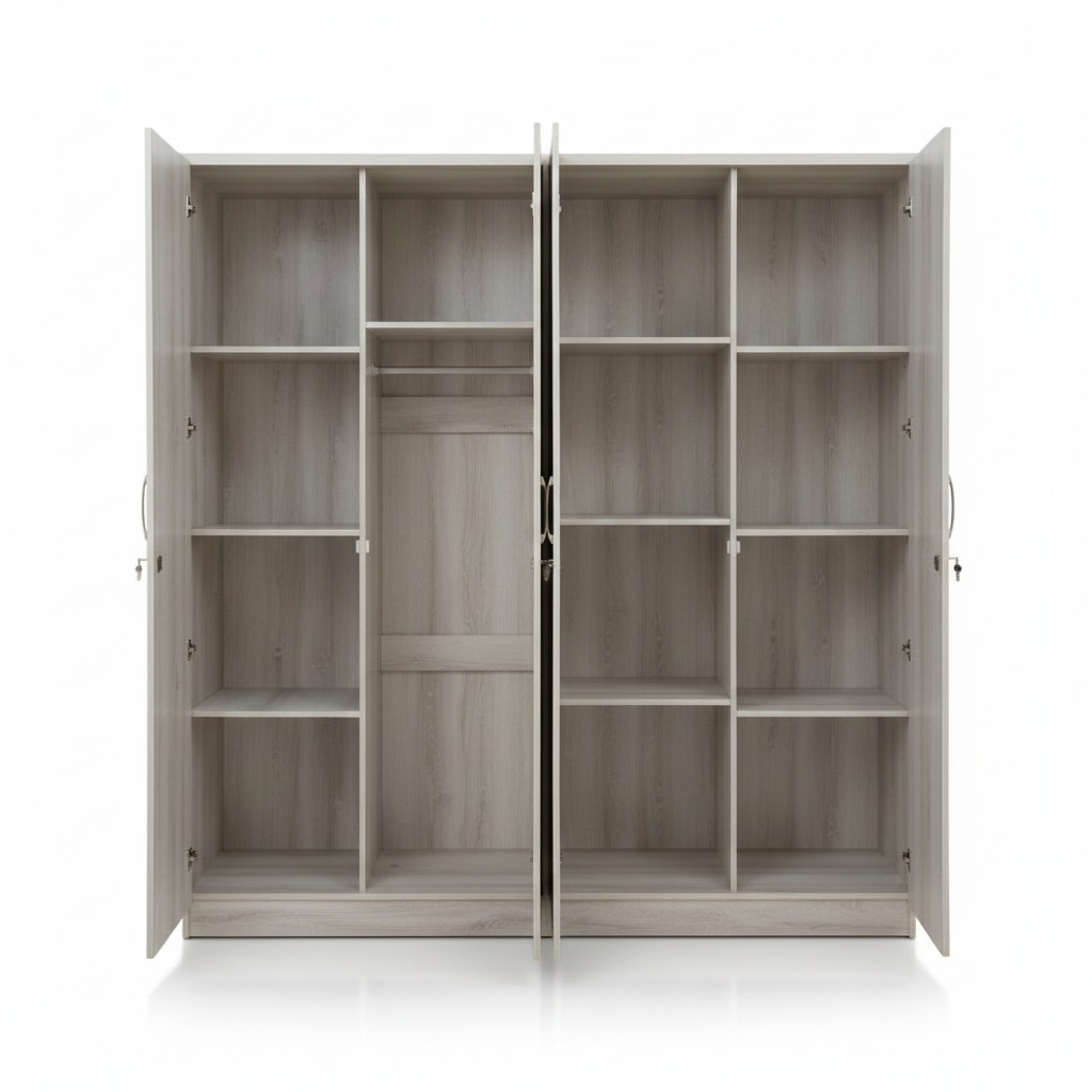 Four Door Wardrobe Interior – Shelves and Hanging Rail – Grey Oak Wooden Wardrobe UAE