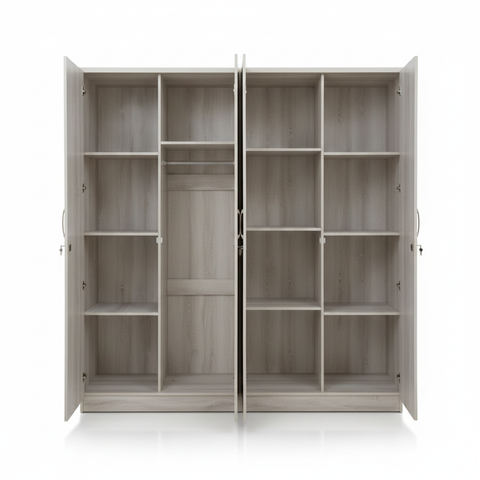 Four Door Wardrobe Interior – Shelves and Hanging Rail – Grey Oak Wooden Wardrobe UAE