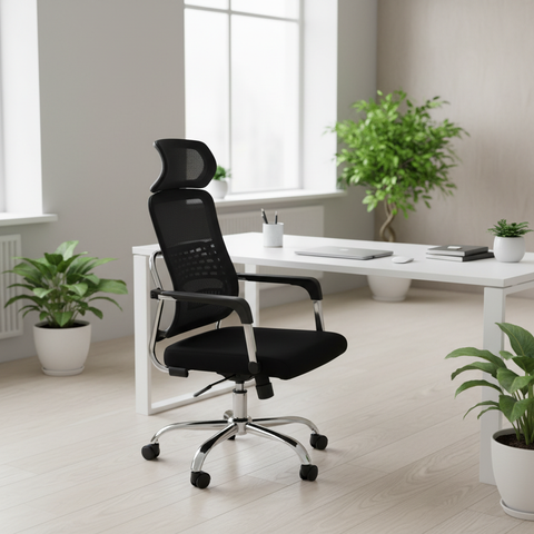 Mesh high back office chair in open plan office – modern ergonomic chair for UAE businesses