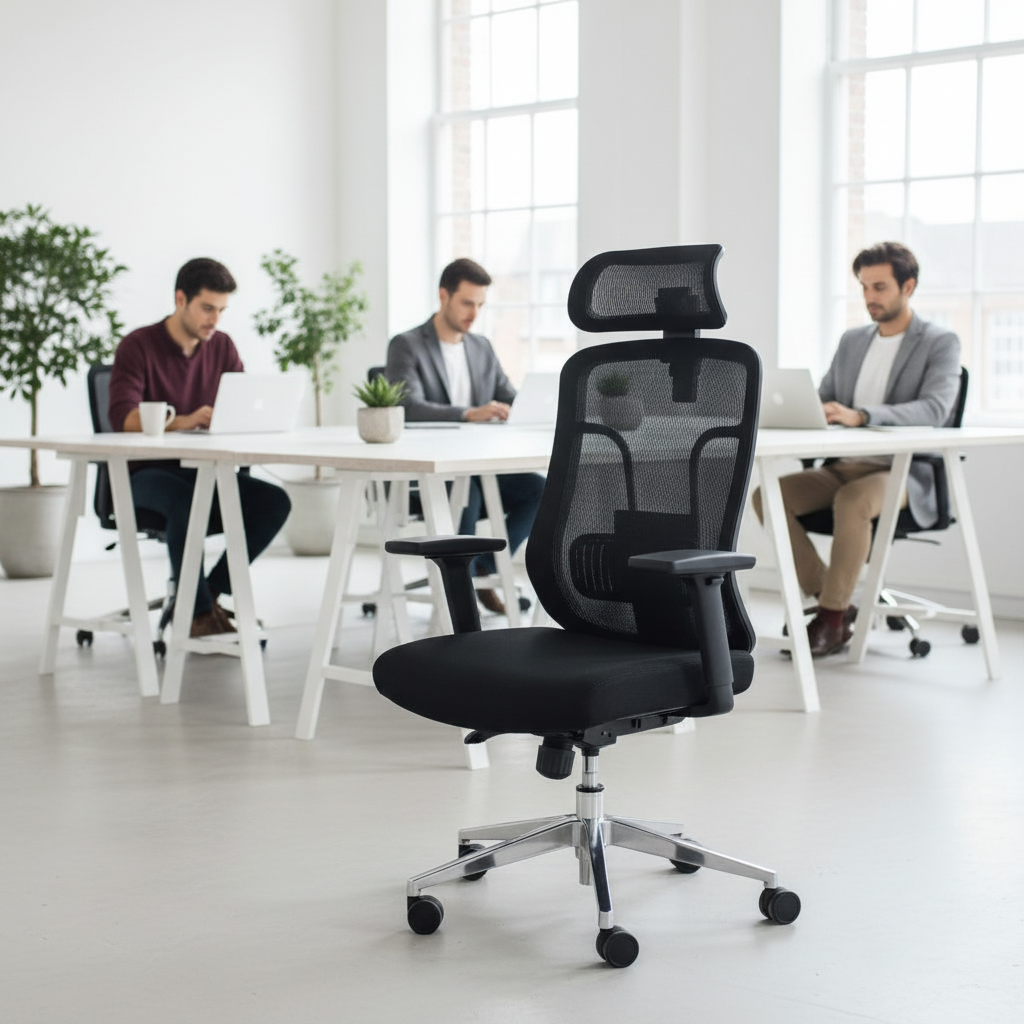High back mesh office chair with headrest in open plan office – office chairs for sale UAE