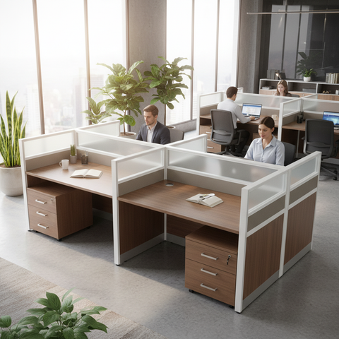 4-Person Work Station Oak+Kakie 200x120cm | Office Furniture UAE | INFINI HOMES