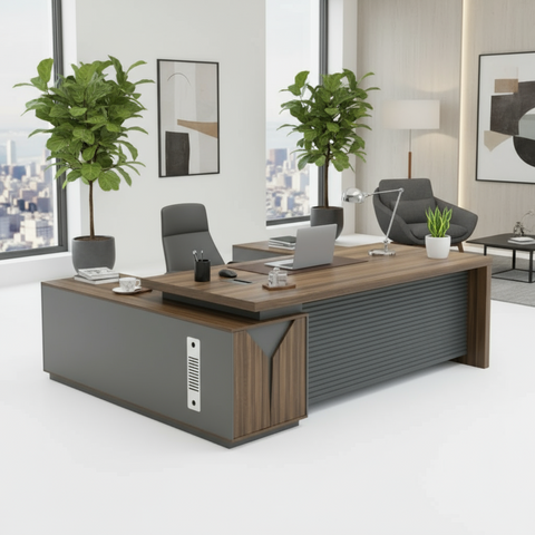 L Shaped Office Desk 180x160cm with Drawers - Walnut Grey | Dubai UAE