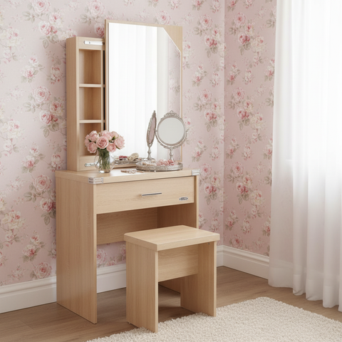 Sliding Mirror Dressing Table with Stool – Natural Oak Finish | UAE Delivery