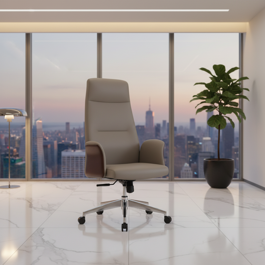 Model Roe HB Executive Office Chair – Grey & Walnut High Back PU