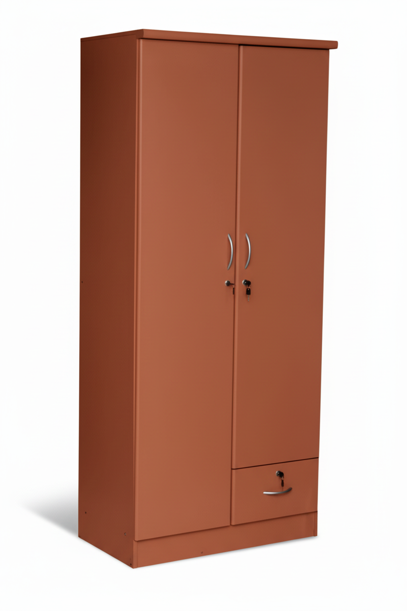 INFINI HOMES 2 Door Wooden Wardrobe UAE - White Engineered Wood 1 Lockable Drawer Modern Dubai Abu Dhabi Sharjah Cherry