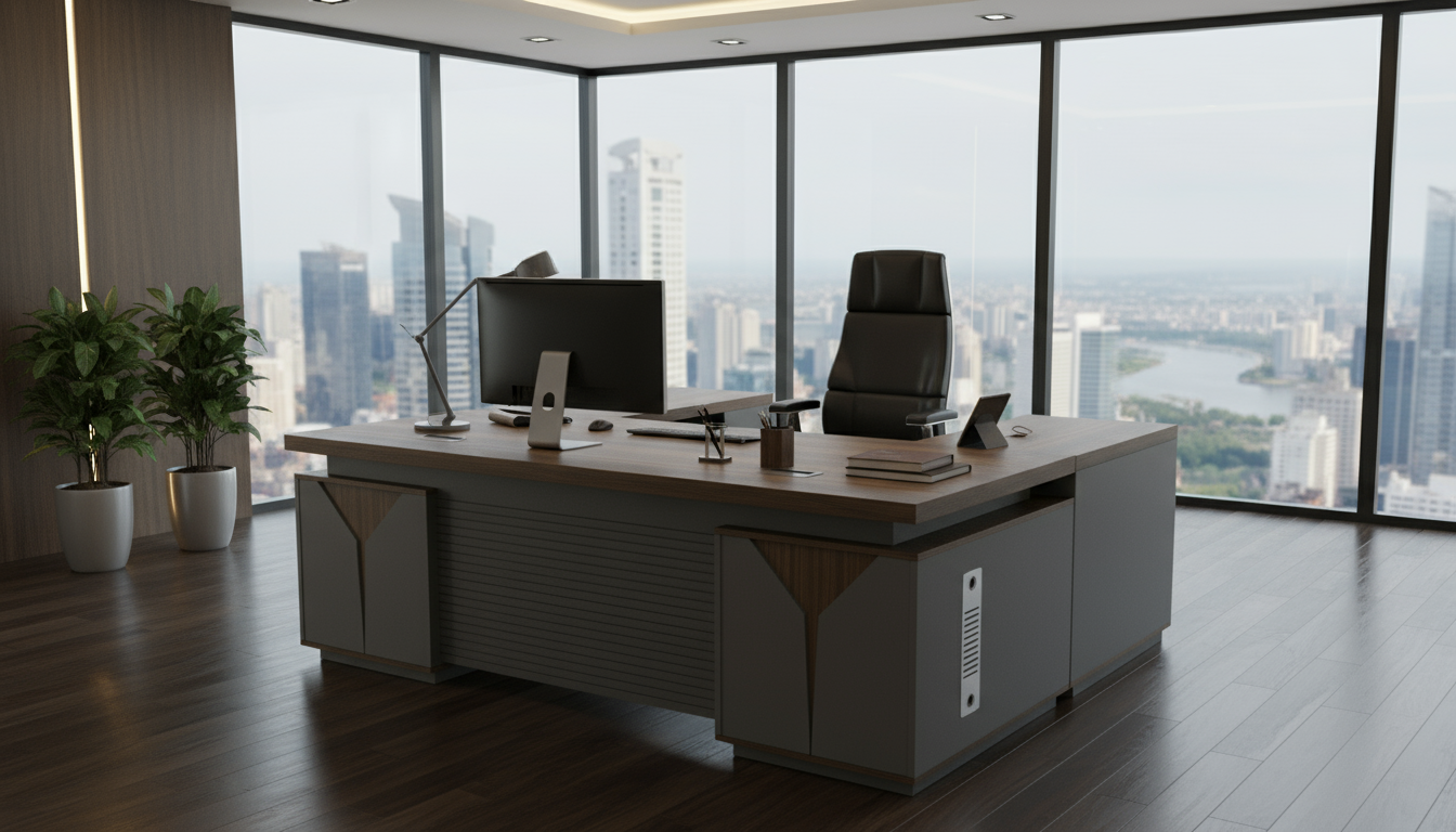 L Shaped Office Desk 180cm with Mobile Drawer - Premium Walnut Grey Executive Table UAE